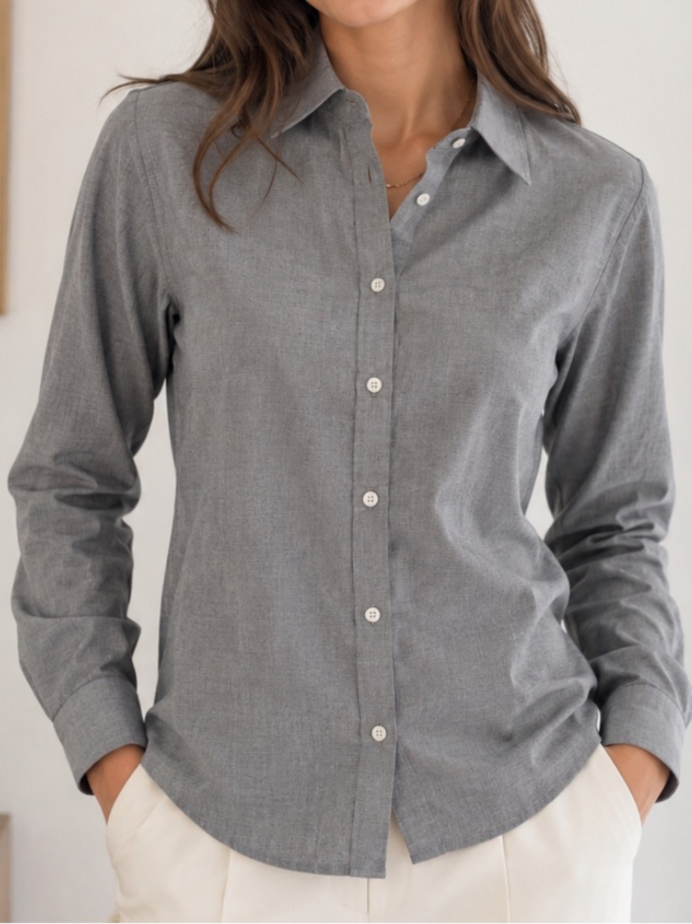 Talbots Button-Down Shirt Womens 10 Petites 10P Gray wrinkle resistant Cotton